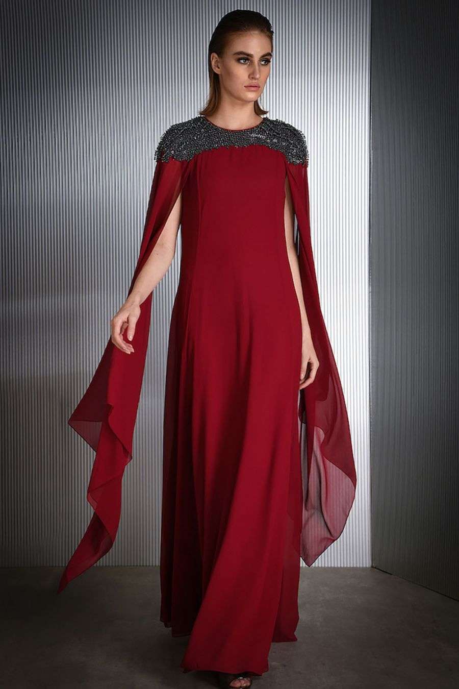 Buy Embroidered gown with cape sleeves ...